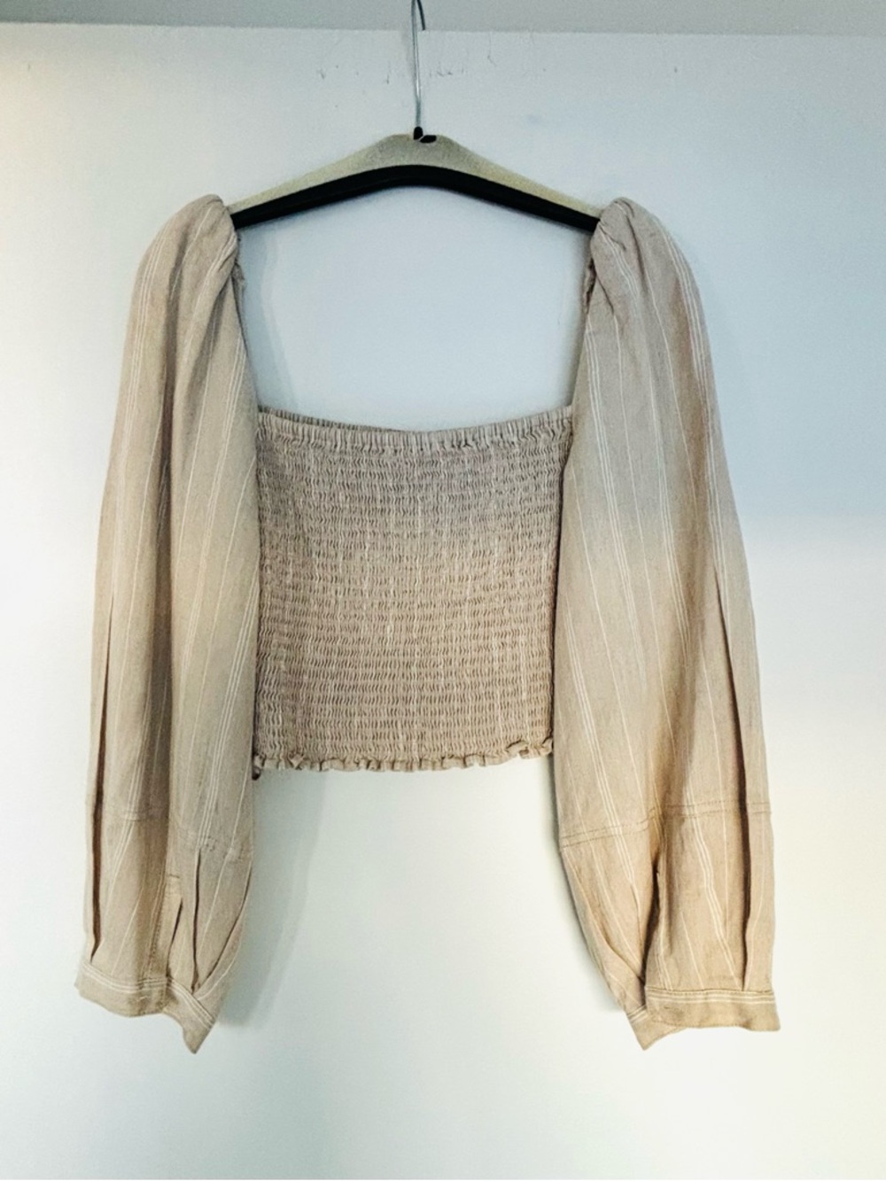 Derek Lam Beige Striped Smocked Puff-Sleeve Crop Top